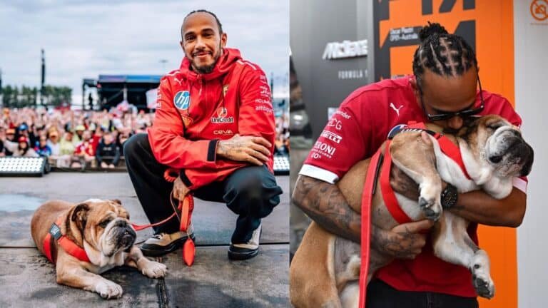Lewis Hamilton con su perro Roscoe, un bulldog inglés. En la primera escena, Hamilton posa sonriendo con Roscoe en un evento público frente a una multitud. En la segunda, lo sostiene en brazos y lo abraza con ternura, dándole un beso en la cabeza.