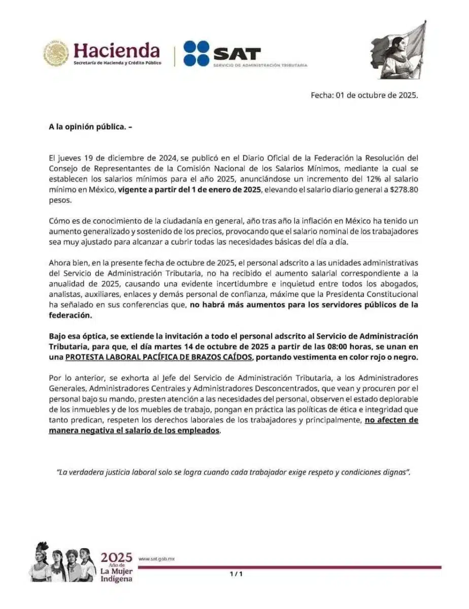 Documento que han compartido los trabajadores del Servicio de Administración Tributaria para convocar a una marcha