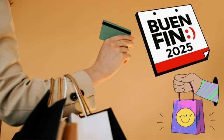 Mujer mostrando su tarjeta de crédito y con bolsas de compras BuenFin 2025