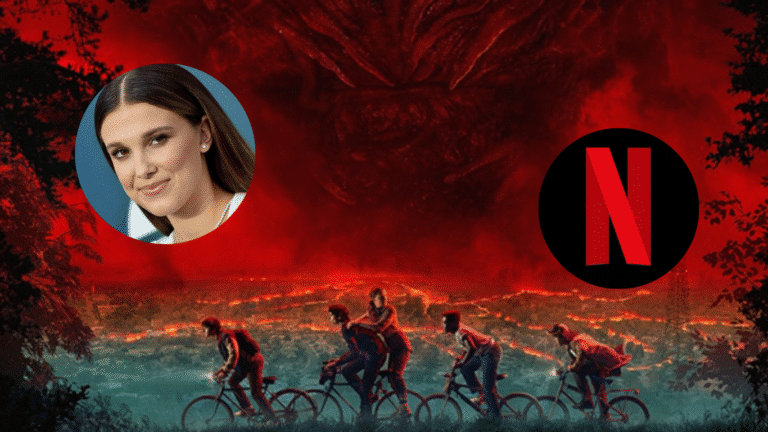 Stranger things con el logo de netflix y millie bobby brown