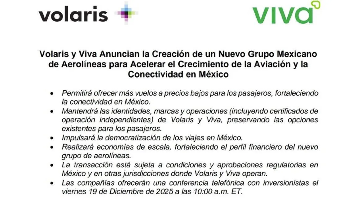 Comunicado de un nuevo grupo mexicano de aerolíneas para ofrecer más vuelos, precios bajos y mayor conectividad tras la fusión de Volaris y Viva Aerobus