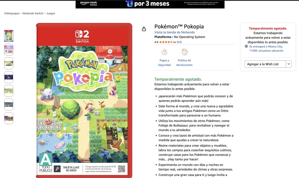 Página de Pokémon Pokopia para Switch 2. Detalles del juego y estado temporalmente agotado en Amazon México