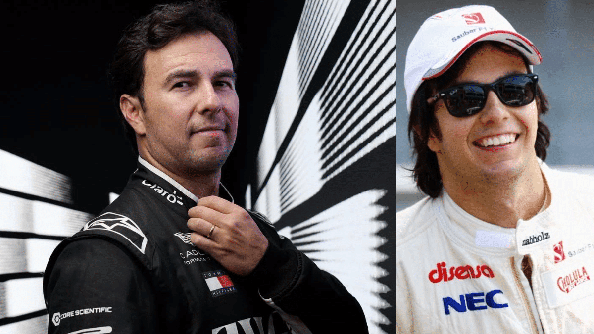 Fotografía de Sergio Checo Pérez celebrando sus 15 años de carrera en la Fórmula 1 con la escudería Cadillac Racing en 2026.