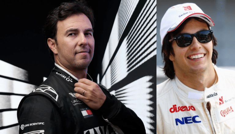 Fotografía de Sergio Checo Pérez celebrando sus 15 años de carrera en la Fórmula 1 con la escudería Cadillac Racing en 2026.