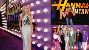 Miley Cyrus interpretando canciones en el set reconstruido para el Especial Hannah Montana Resumen del 20 aniversario.