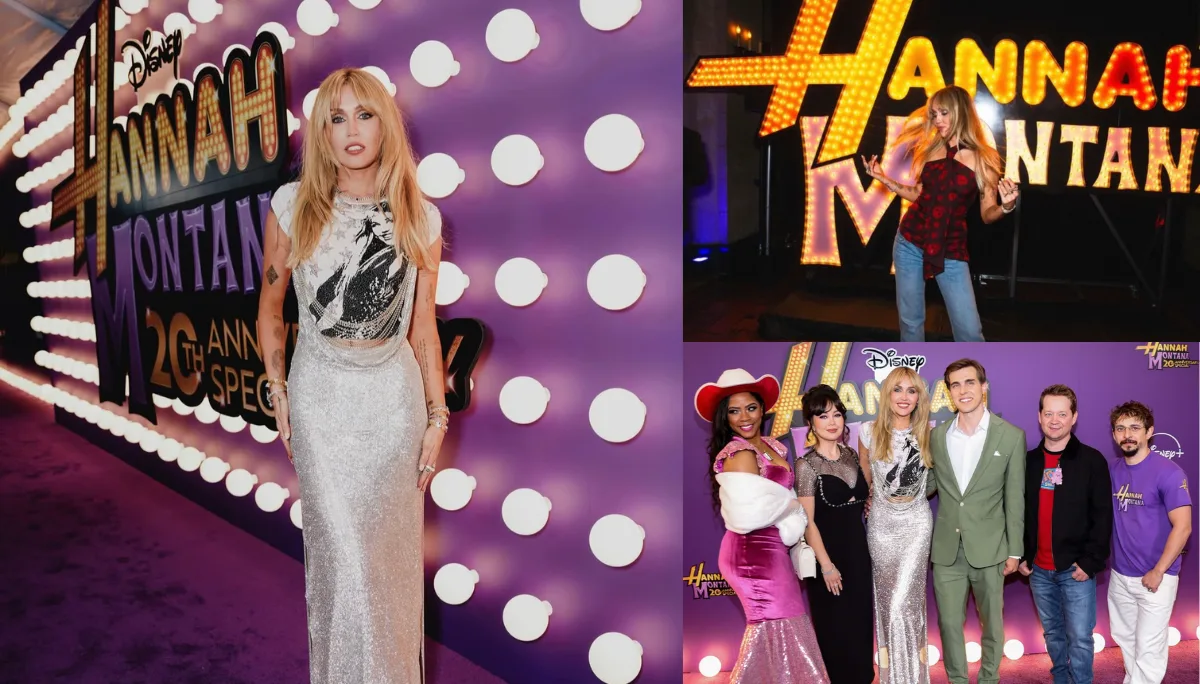 Miley Cyrus interpretando canciones en el set reconstruido para el Especial Hannah Montana Resumen del 20 aniversario.
