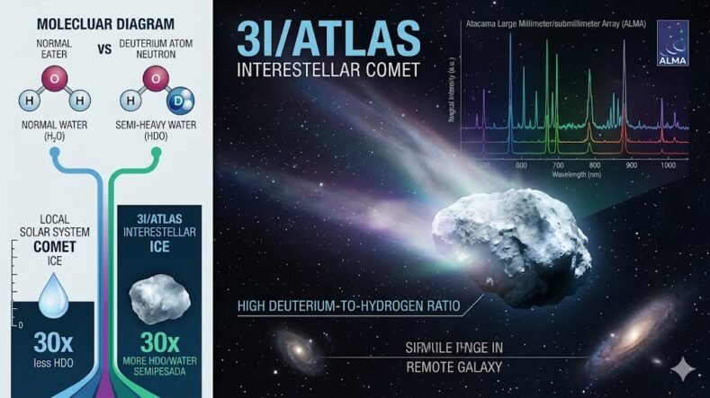 La composición combina una vista artística del cometa cruzando el espacio profundo con elementos gráficos de datos científicos, incluyendo espectros de ALMA y una comparación molecular que resalta la alta proporción de agua semipesada (HDO) frente a los cometas de nuestro sistema solar.