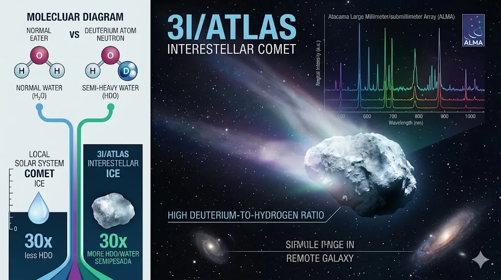 La composición combina una vista artística del cometa cruzando el espacio profundo con elementos gráficos de datos científicos, incluyendo espectros de ALMA y una comparación molecular que resalta la alta proporción de agua semipesada (HDO) frente a los cometas de nuestro sistema solar.