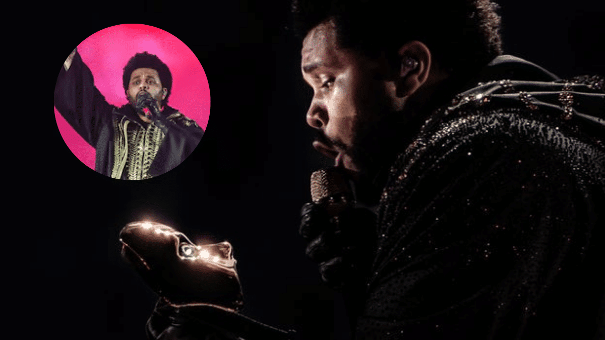 Fotografía de The Weeknd usando su icónica máscara negra con ojos rojos brillantes durante su último concierto en México.