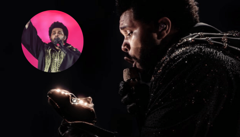 Fotografía de The Weeknd usando su icónica máscara negra con ojos rojos brillantes durante su último concierto en México.