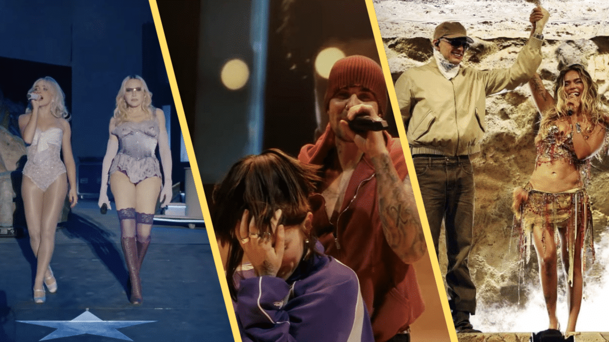Montaje de Karol G y Peso Pluma cantando juntos, y Justin Bieber con Billie Eilish en el escenario de Coachella 2026.