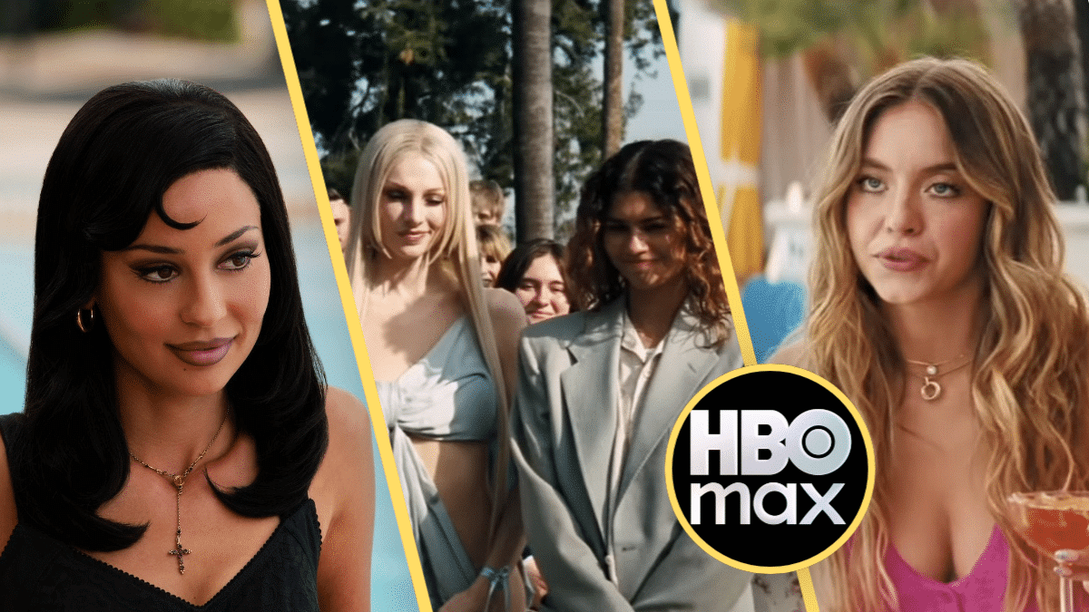 Zendaya como Rue en la tercera temporada de Euphoria junto al logo de HBO Max.