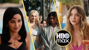 Zendaya como Rue en la tercera temporada de Euphoria junto al logo de HBO Max.