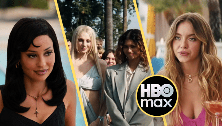 Zendaya como Rue en la tercera temporada de Euphoria junto al logo de HBO Max.