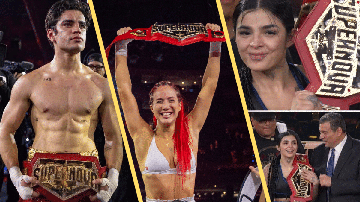 Aaron Mercury celebrando su victoria por nocaut en el ring de Supernova Génesis transmitido por Netflix.