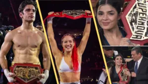 Aaron Mercury celebrando su victoria por nocaut en el ring de Supernova Génesis transmitido por Netflix.