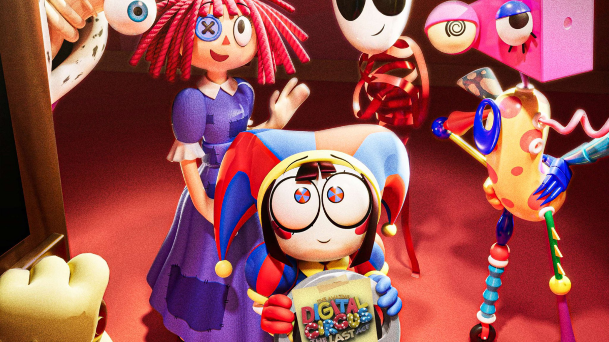 Pomni, con su traje de jester rojo y azul, mira a la cámara con una expresión pensativa. Personaje principal de The Amazing Digital Circus