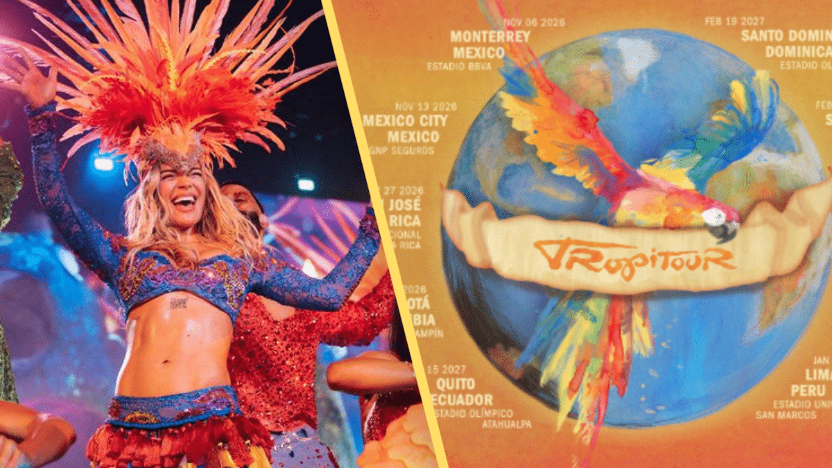 Karol G en el escenario principal de Coachella 2026 proyectando el logo oficial de su nueva gira Viajando Por El Mundo Tropitour.