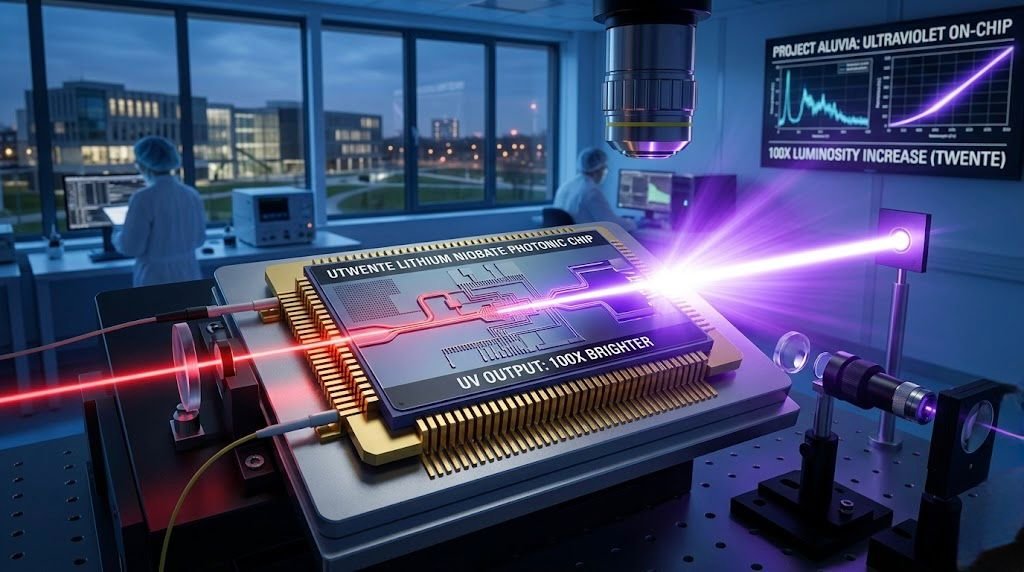 Primer chip fotónico capaz de emitir luz ultravioleta a niveles de miliwatts.