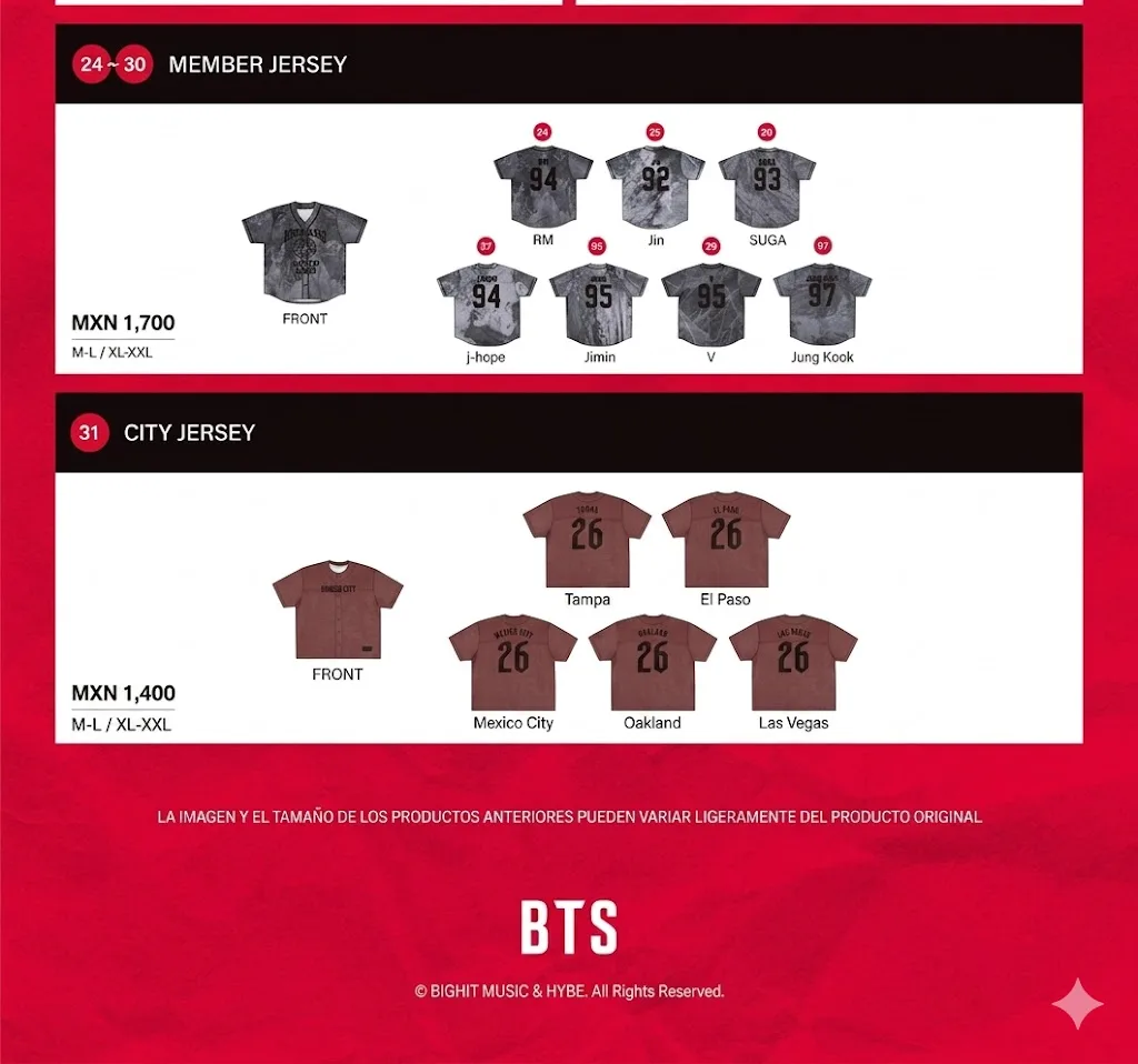 Jerseys oficiales de BTS ARIRANG World Tour México: precios y modelos de los miembros y edición Mexico City.