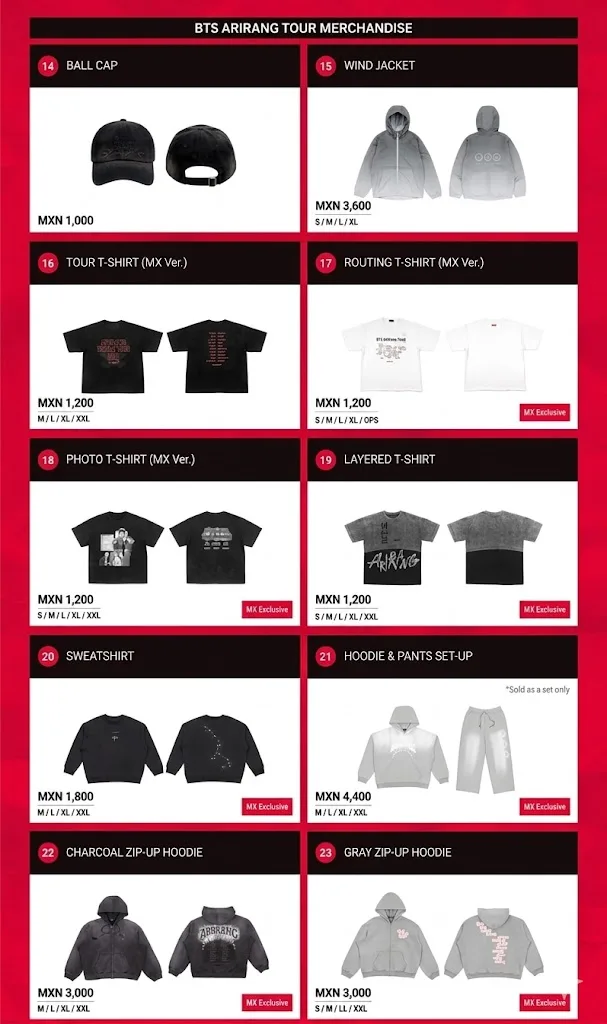 Lista de precios mercancía oficial BTS México 2026: playeras, sudaderas y chamarras exclusivas del ARIRANG Tour.