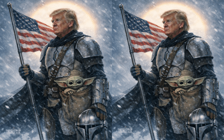 La Casa Blanca publica a Trump con armadura de Din Djarin este Star Wars Day. Fans critican el error del casco y advierten posible demanda de Disney.