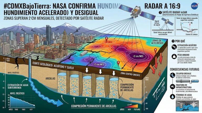 Mapa de Hundimiento: Una vista aérea de la ciudad con un mapa de calor que resalta las zonas que se hunden más de 2 cm al mes.