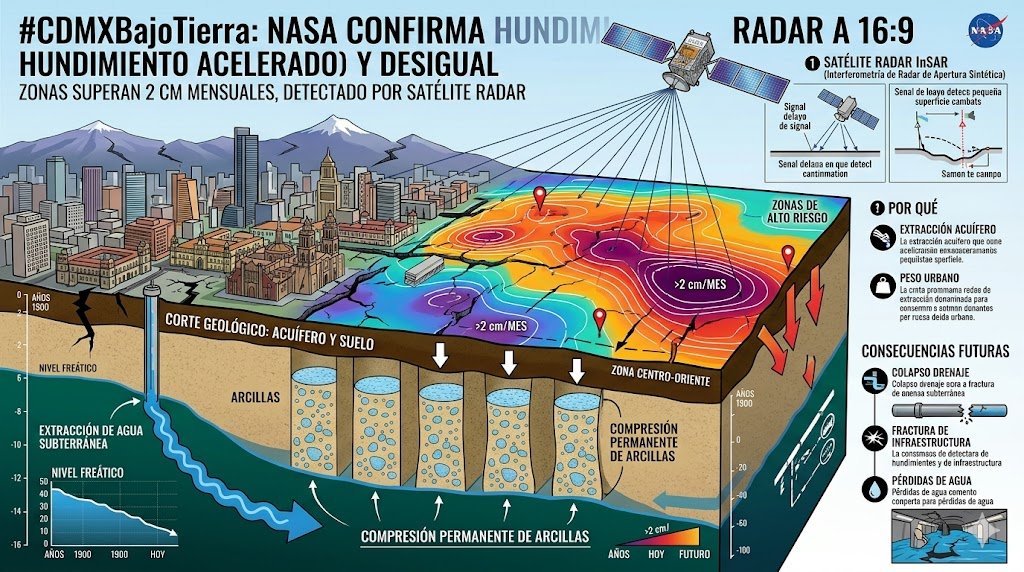 Mapa de Hundimiento: Una vista aérea de la ciudad con un mapa de calor que resalta las zonas que se hunden más de 2 cm al mes.