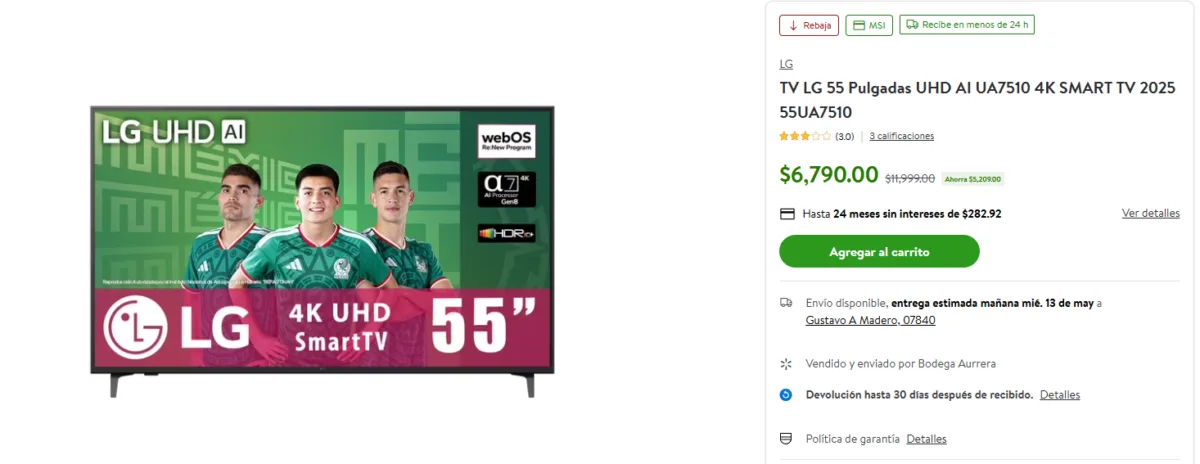 TV LG de 55 pulgadas UHD AI UA7510 4K Smart TV 2025