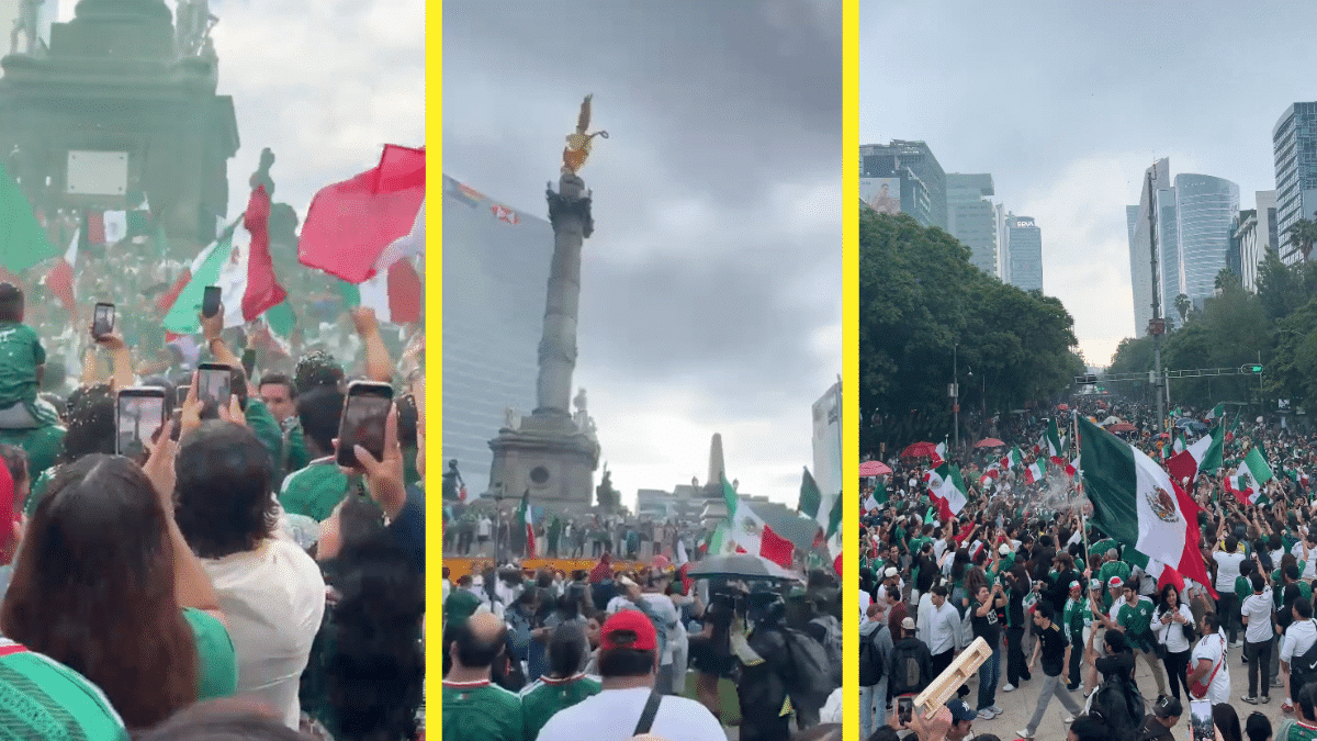 Aficionados con playeras de la selección y banderas de México celebran alrededor del Ángel de la Independencia.