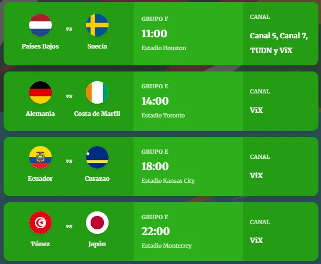 Partidos sábado 20 de junio