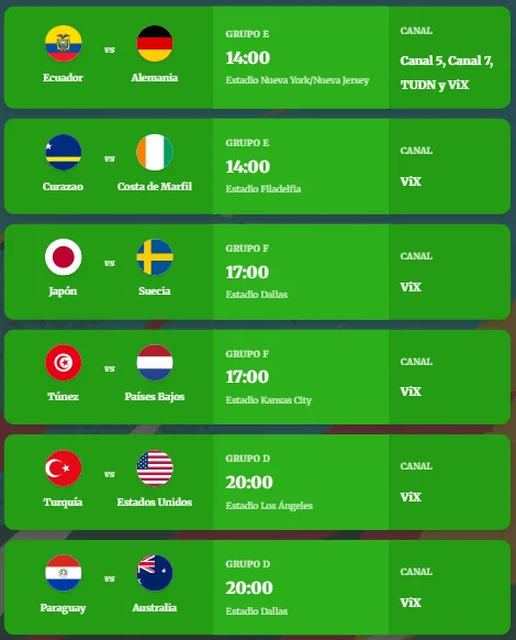 Partidos del 25 de junio: horarios, canales