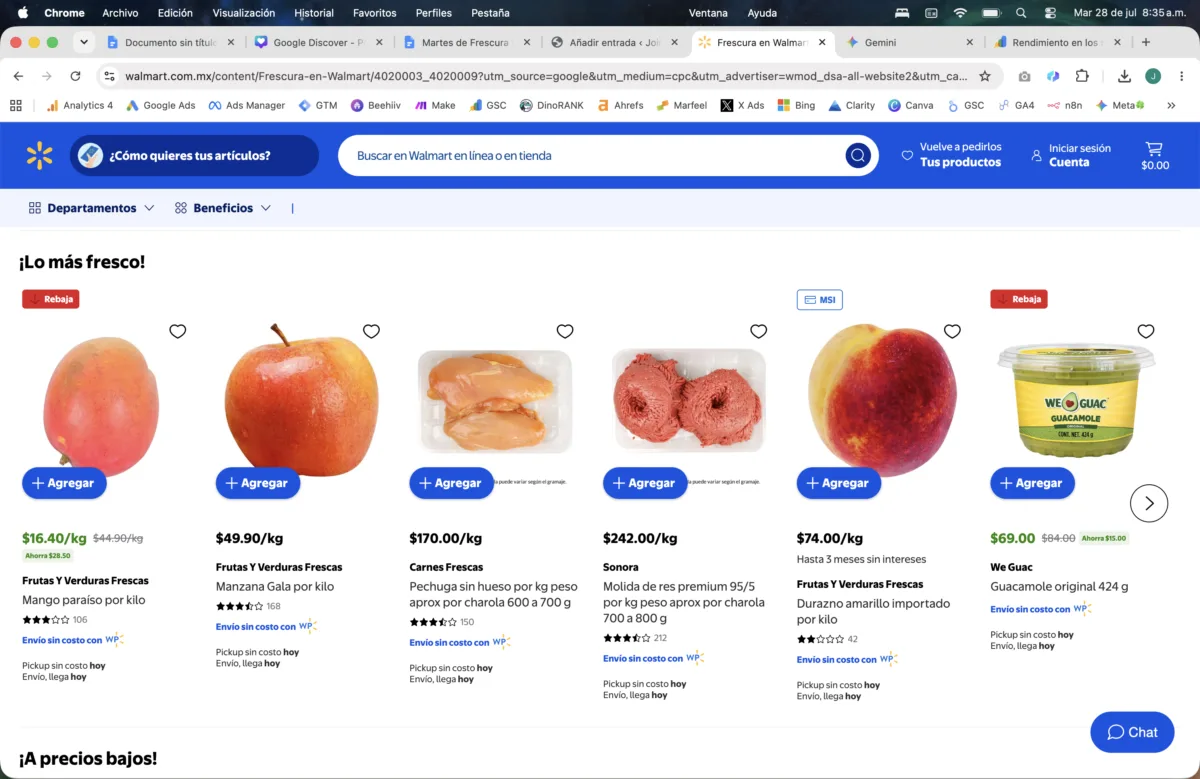 Productos en oferta del Martes de Frescura en la tienda en línea de Walmart, incluyendo frutas, pechuga de pollo, carne molida y guacamole a $69.00 pesos.