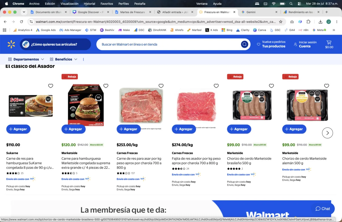 Oferta por el martes de frescura en Chorizo de cerdo Marketside brasileño a $99.00 pesos y Chorizo Marketside alemán a $99.00 pesos y carne para hamburguesa a $120.00 pesos