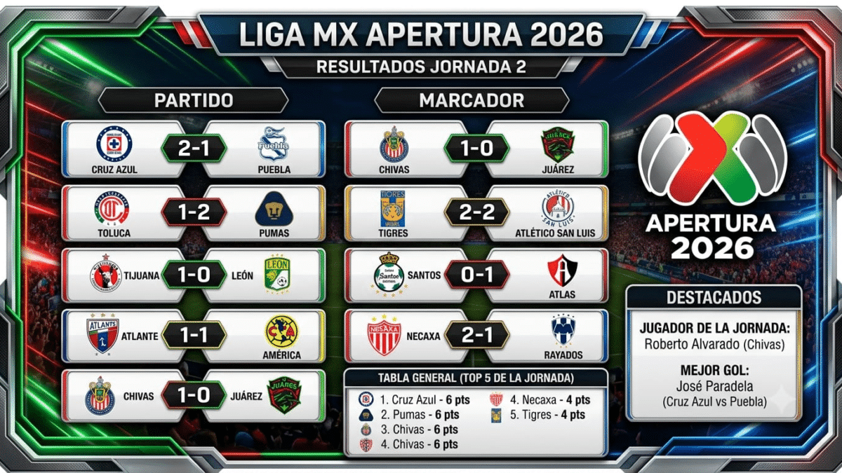 La Jornada 2 del Apertura 2026 dejó a Tijuana, Cruz Azul, Atlas y Necaxa con paso perfecto en la cima de la Liga MX. La sorpresa la dio Querétaro al remontar de último minuto a Pachuca.
