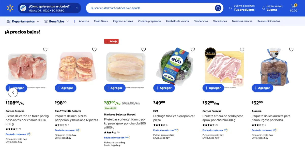 Sección de precios bajos de Walmart con chuleta arriera de cerdo a $92 pesos el kilo y filete basa oriental a $87 pesos el kilo