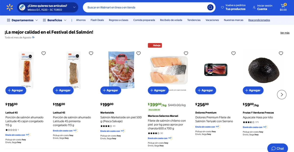 Festival del Salmón de Walmart con el filete de salmón chileno con piel rebajado a $399 pesos el kilo