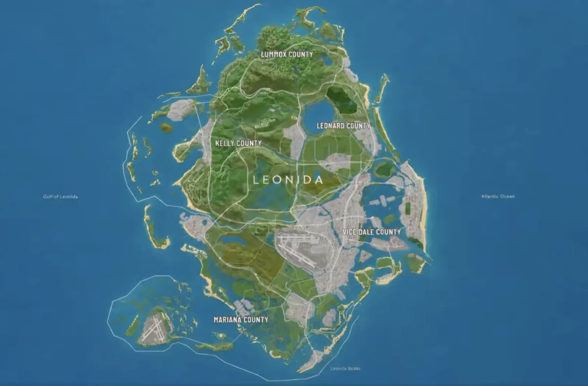 Mapa filtrado del estado de Leonida en GTA 6 con los condados Lummox, Leonard, Kelly, Vice Dale y Mariana rodeados por el Golfo de Leonida y el Océano Atlántico