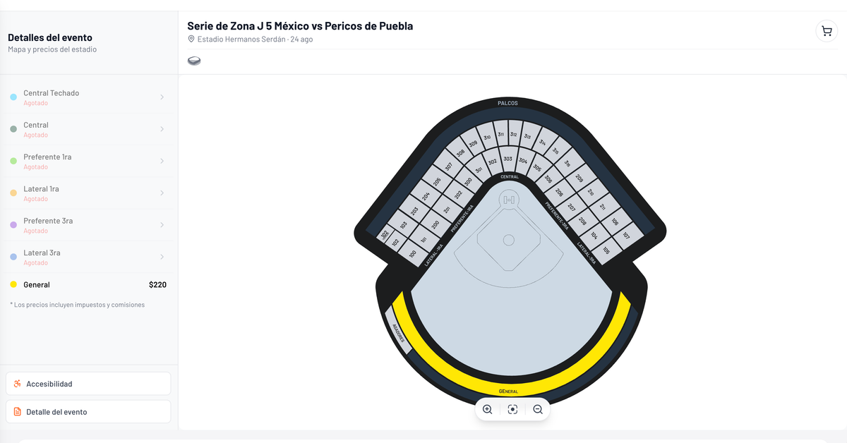 Mapa de asientos del Estadio Hermanos Serdán en Fanki con todas las zonas agotadas y solo boletos de General disponibles en $220 pesos para el Juego 5 entre Pericos de Puebla y Diablos Rojos