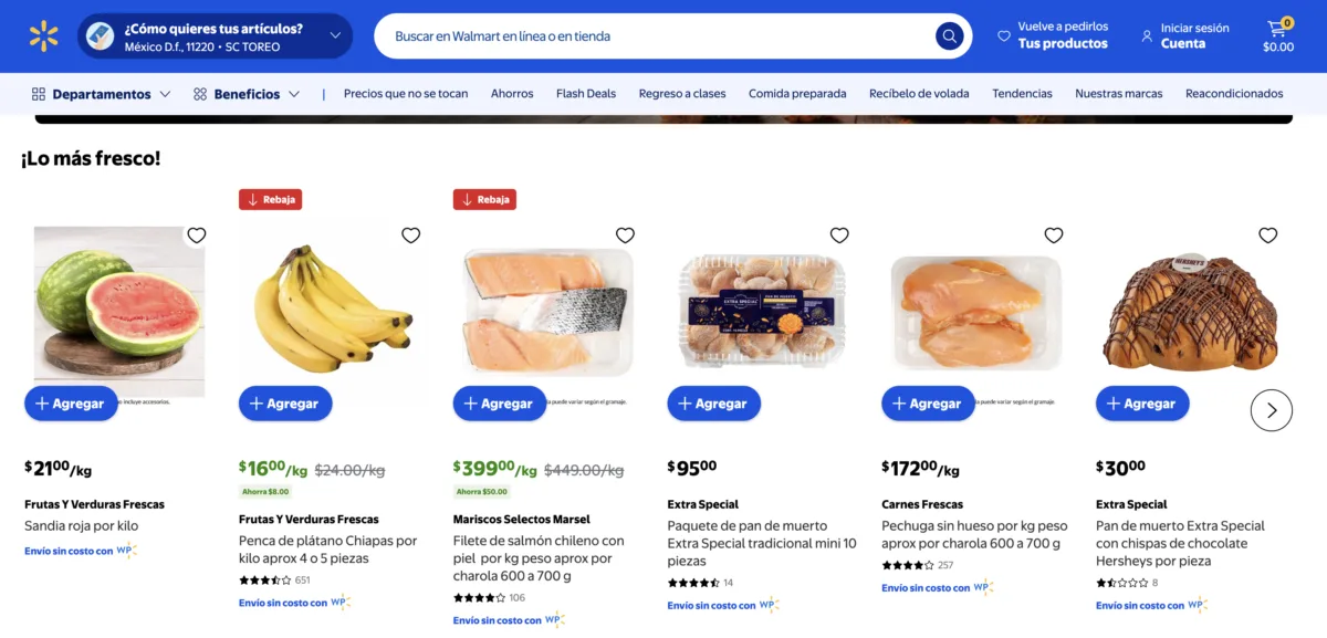 Catálogo de Walmart con la penca de plátano Chiapas a $16 pesos el kilo y el salmón chileno a $399 pesos en el Martes de Frescura del 25 de agosto
