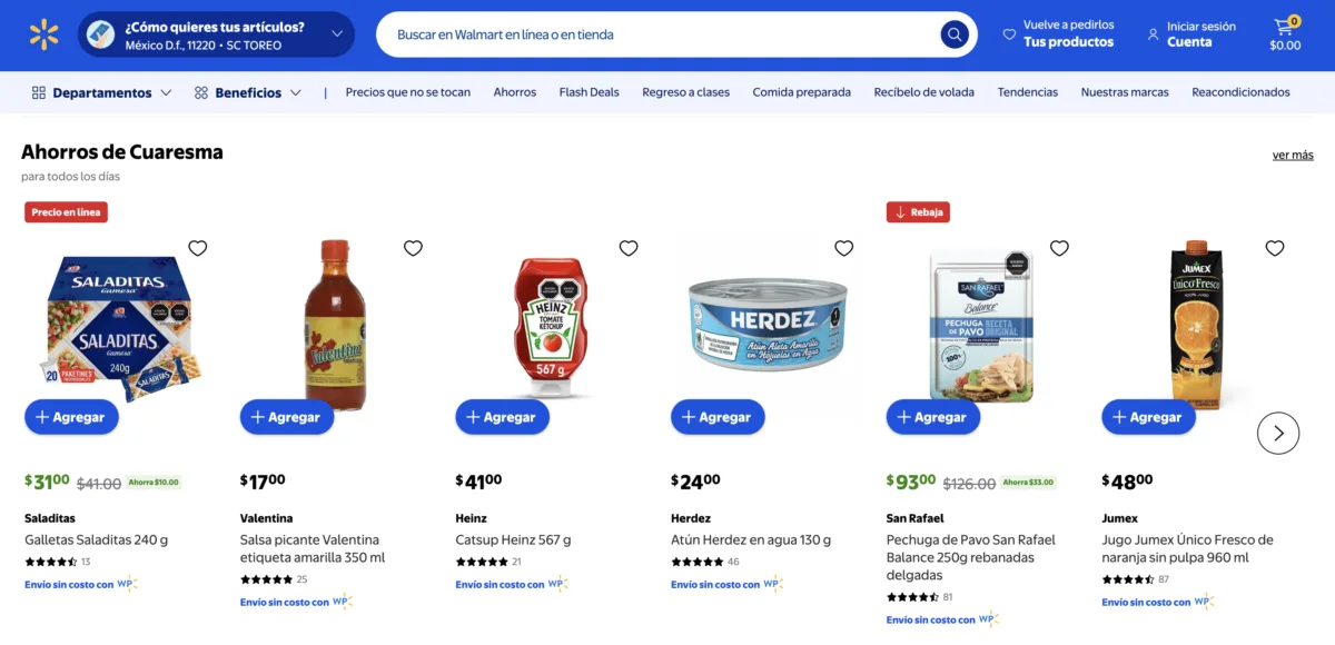 Sección Ahorros de Cuaresma del folleto de Walmart con pechuga de pavo San Rafael a $93 pesos, vigente en agosto de 2026