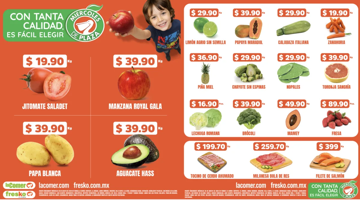 Folleto del Miércoles de Plaza de La Comer y Fresko del 26 de agosto de 2026 con jitomate saladet a $19.90 pesos el kilo