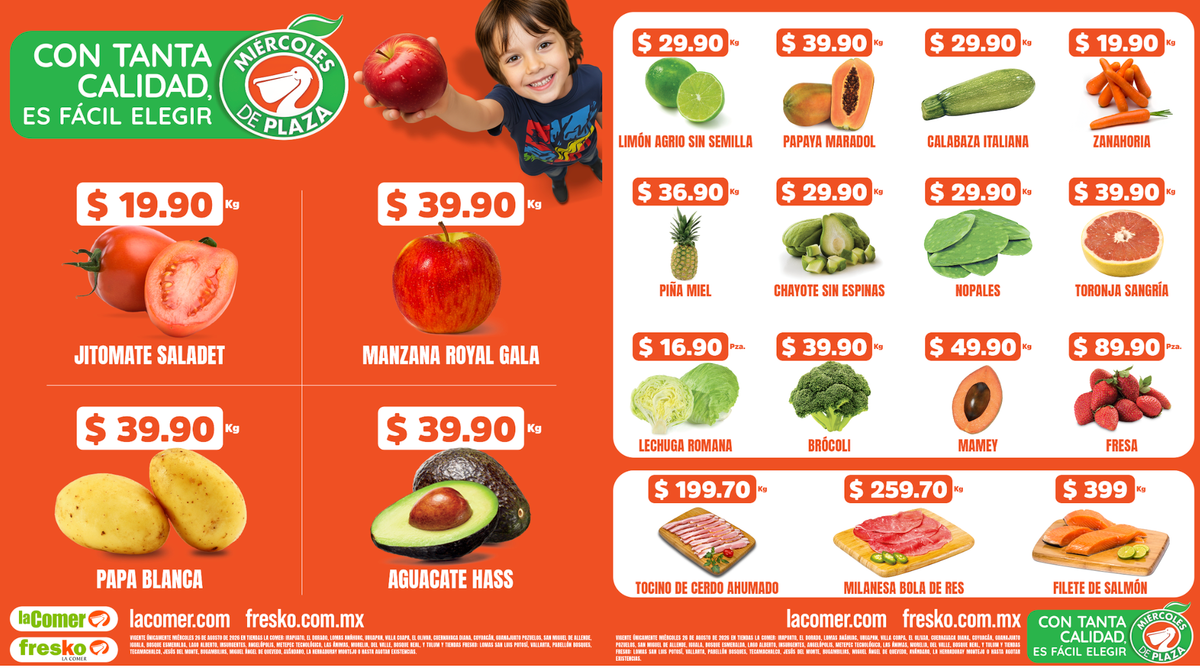 Folleto del Miércoles de Plaza de La Comer y Fresko del 26 de agosto de 2026 con jitomate saladet a $19.90 pesos el kilo
