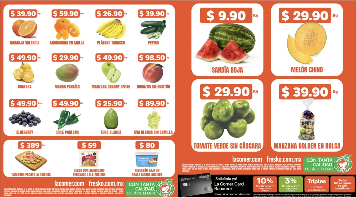 Segunda página del folleto del Miércoles de Plaza de La Comer del 26 de agosto de 2026 con sandía roja a $9.90 pesos el kilo