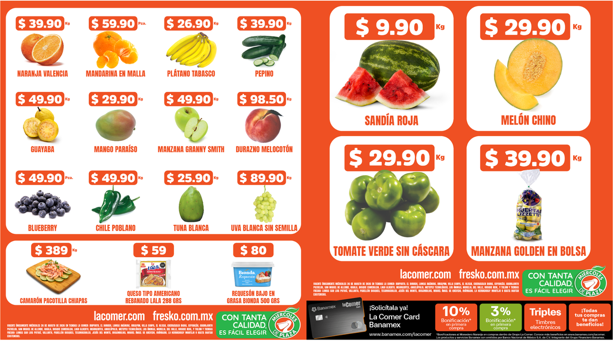 Segunda página del folleto del Miércoles de Plaza de La Comer del 26 de agosto de 2026 con sandía roja a $9.90 pesos el kilo