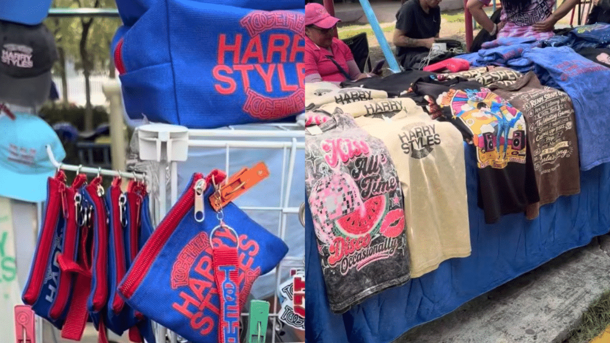 Puestos de mercancía no oficial instalados en los alrededores del Estadio GNP Seguros durante los conciertos de Harry Styles en la Ciudad de México.