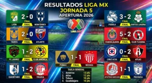 El Club América mantiene el liderato invicto del Apertura 2026 tras vencer 2-1 a Juárez, mientras que las Chivas de Guadalajara firmaron la gran goleada de la Jornada 5 al aplastar 5-2 a Tijuana.
