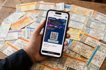 Pantalla de celular mostrando un boleto digital con código QR dinámico de Ticketmaster.