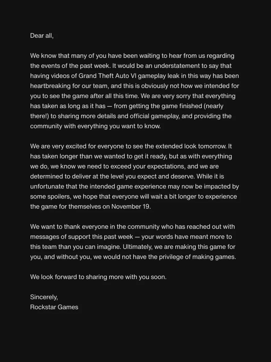 Carta abierta de Rockstar Games sobre la filtración del gameplay de Grand Theft Auto VI, publicada el 26 de agosto de 2026