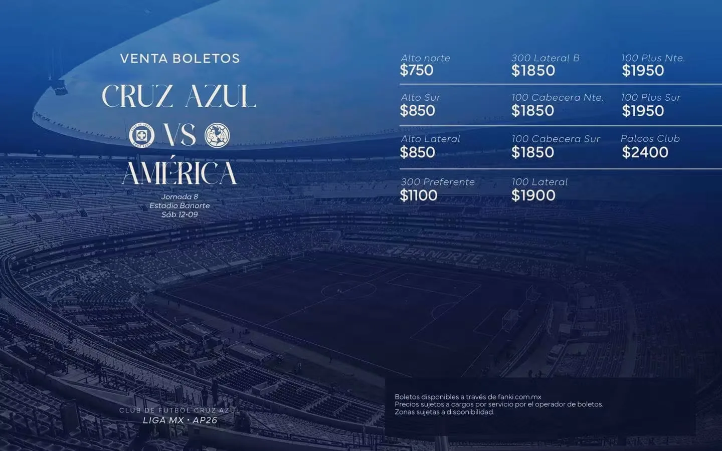 Cruz Azul anunció los precios oficiales de los boletos para el Clásico Joven ante el América del Apertura 2026.